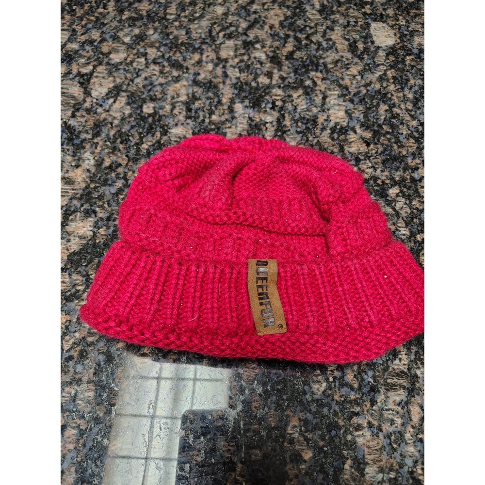 Queenfur Women's Knit Pom Pom Beanie Winter Hat Red